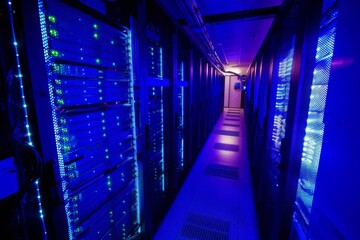 Quantum computer server room with blue LED lights and multiple racks