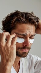 A young man with eye patches applying them to his eyes
