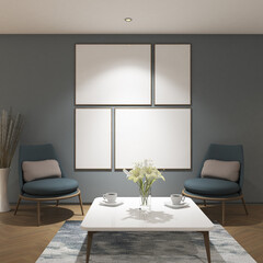 3d render illustration of foyer, armchair and coffee table with frame mockup pattern. Wood parquet, Blue wall finish and white flat ceiling. Set 8