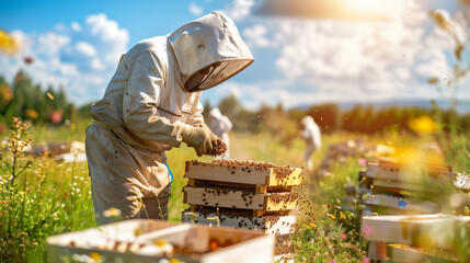 Close view of a beekeeper, checking the beehive box in the honey bee farm.