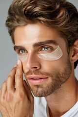 Fototapeta premium A young man with eye patches on his face, applying them with precision