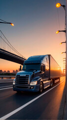 A truck with a semi-trailer transporting containers across a city bridge in the light of the evening sunset.