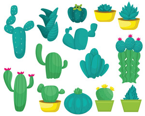 Cactus Succulents Plants Flat Set Collection with vase