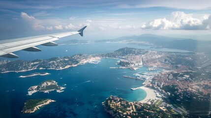 Breathtaking Coastal Cityscape from Airplane Window Overlooking Serene Ocean and Islands