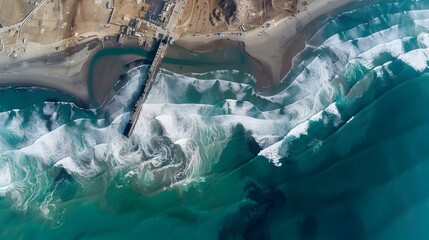 Breathtaking Aerial View of Crashing Waves Along Tropical Coastline in Paradise