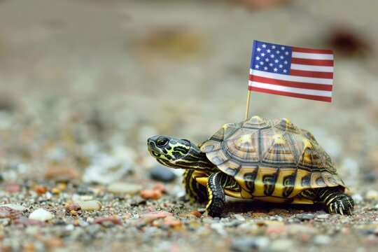 A turtle with a vibrant shell, carrying a small American flag, sitting on a wooden surface.