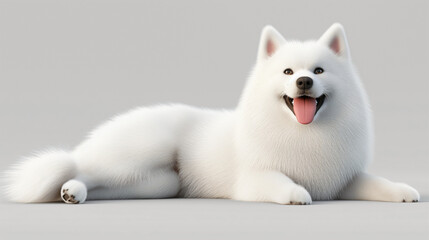 A white dog with a long fluffy coat is lying down and looking at the camera with its mouth open and tongue hanging out.

