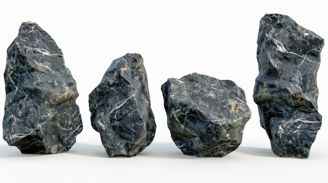 set of 4 amphibolite rocks isolated on white background, HD view, specific render view, bxtl3bxtl,