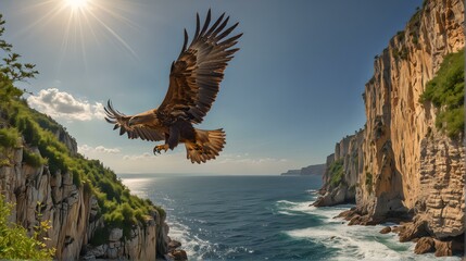 The eagle soars on the river and mountains