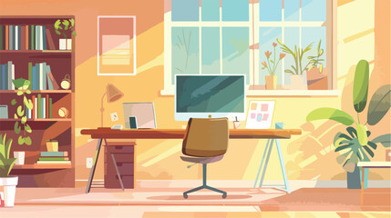 Home work space interior. Office desk in flat designs