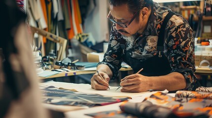 Fototapeta premium Fashion Designer at Work: A fashion designer meticulously sketches designs, selects fabrics, and drapes materials to create stunning garments that reflect their unique artistic vision