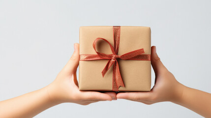 hand holding gift box on white background