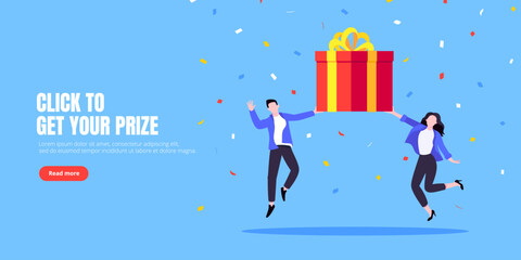 Get online incentive gift benefit reward and gifts, earn loyalty program points. Get loyalty card and customer service business concept flat design vector illustration. Tiny people with big gift boxes