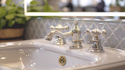 A detailed view of a bathroom sink with a running faucet, showing the hardware and plumbing fixtures up close