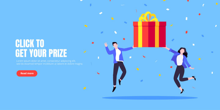 Get online incentive gift benefit reward and gifts, earn loyalty program points. Get loyalty card and customer service business concept flat design vector illustration. Tiny people with big gift boxes
