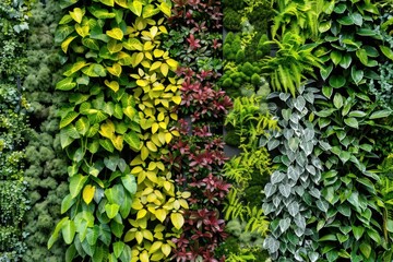 A vibrant and colorful vertical garden on a city wall, featuring a diverse array of plants with different textures and colors.