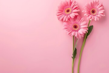 mothers day greeting card, pink flowers, pink background, flat lay, copy space