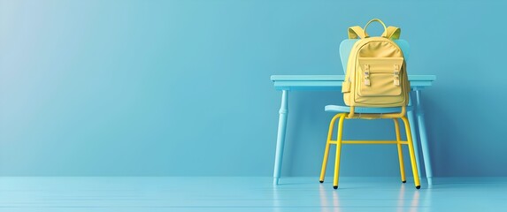 Minimalist Yellow Backpack on Chair in Front of Desk with Workspace Supplies