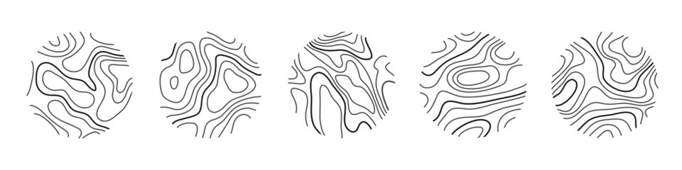 Circular wood rings or topographic map lines texture set. Wood tree topographic abstract lines collection flat style design vector illustration contour isolated pattern design.