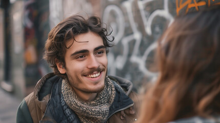 Charming man enjoying a lively conversation on a bustling city street