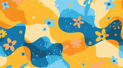 Orange Blue and Sky with Yellow Floral Shape Abstract