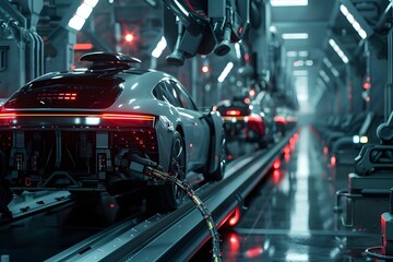Fototapeta premium Cutting-Edge Car Manufacturing, automation vehicle production line, vehicle manufacturing, car manufacturing, using robotic hand