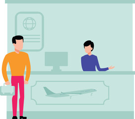 The boy is standing at the airport reception.