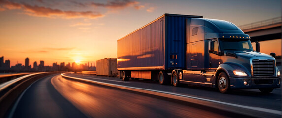 A truck with a semi-trailer transporting containers across a city bridge in the light of the evening sunset.