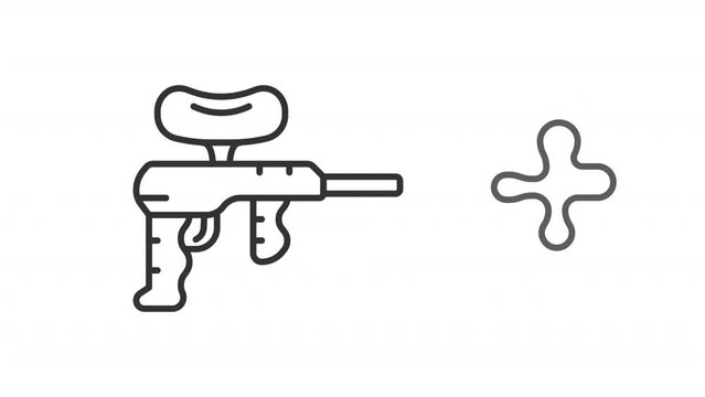 Paintball line animation. Animated paintball marker icon. Shooting sport. Team game. Sport equipment. Black illustration on white background. HD video with alpha channel. Motion graphic
