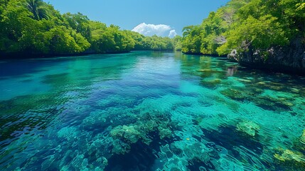 Serene Turquoise Lagoon Surrounded by Verdant Foliage and Vibrant Coral Reefs in a Tropical Paradise
