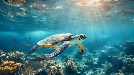 Fototapeta premium Graceful Sea Turtle Glides Through Vibrant Underwater Coral Reef Teeming with Marine Life