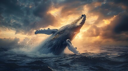 Majestic Humpback Whale Breaching the Dramatic Ocean Waves at Sunset