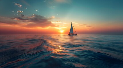 Serene Ocean Sunset with Silhouetted Sailboat on the Horizon Embodying Tranquility and Vastness of the Sea