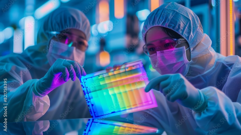 Poster Two scientists in lab coats are pointing at a colorful slide