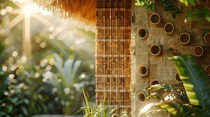 Sunlit bamboo wall with circular cutouts, creating a natural, artistic space with dappled light and lush greenery.
