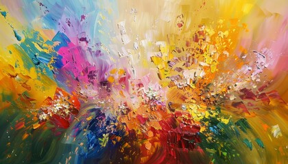 A colorful abstract oil painting on canvas, featuring golden grains, ideal for wallpapers, posters, cards, and other decorative uses in high resolution
