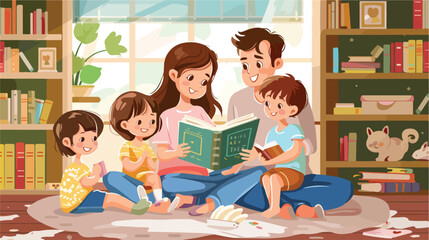 Parents and their children reading book together