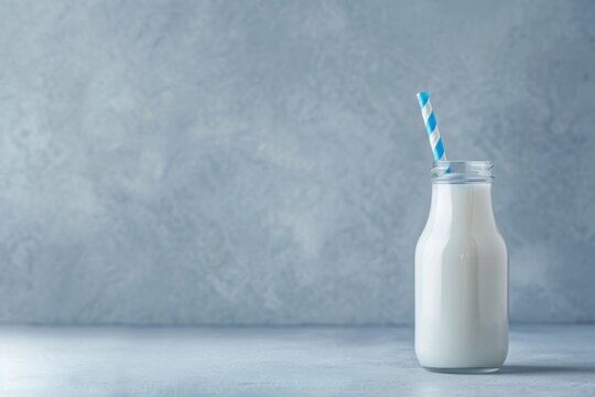 Almond milk in a glass bottle with a blue and white striped straw against a textured gray background. The scene conveys a modern, healthy alternative to traditional milk Place for text