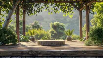 A rustic farm scene with a wooden podium set against a backdrop of nature, perfect for displaying organic products or hosting outdoor events