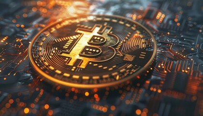 A digital background focusing on Bitcoin and cryptocurrency, highlighting concepts of virtual payments, blockchain technology, and financial markets