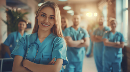 Fototapeta premium United in Care: Smiling Doctors Illuminate the Hospital Hallway