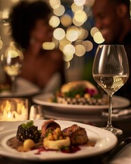 A Couple Enjoying a Romantic Dinner with Gourmet Dishes