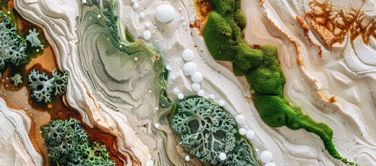 Obraz premium Abstract art depicting a fusion of dry desert sands, wet river rocks and dense green moss