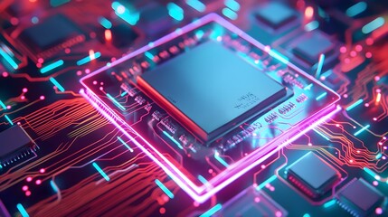 Obraz premium A computer chip is shown in a neon color scheme. The chip is surrounded by a colorful background, giving the impression of a futuristic, high-tech device. AI generated.