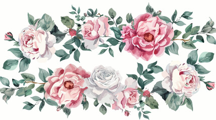 Pink white roses leaves peonies watercolor floral wre