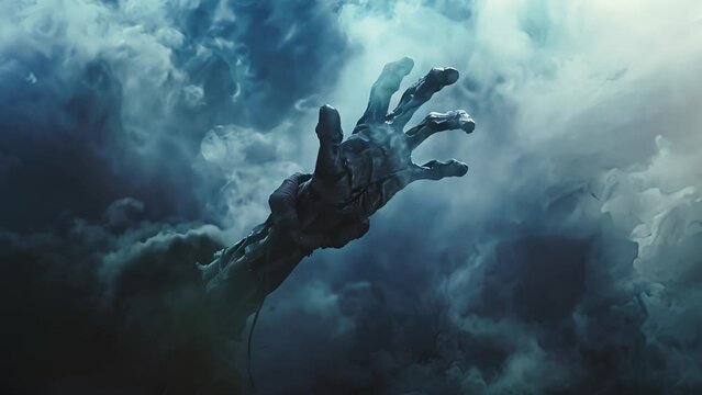 The hand of a zombie emerges from a grave in a cemetery, under the eerie night, Zombie hand emerging from the ground	