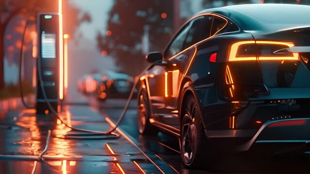 Modern electric plug-in hybrid car parked near fast charger charging station. Electric vehicle using sustainable source. Electric car charging at the power station. Ev car concept	