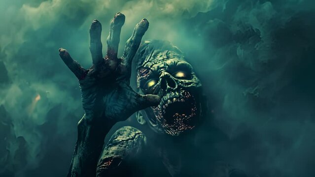 Scary zombie raising rotten hand for receive moonlight in Halloween night background. Flesh eater resurrection in the darkness. Smoke fog and mist scene	
