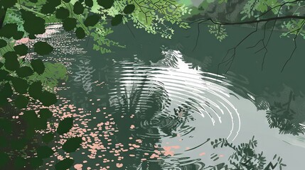   A painting depicts a tranquil pond, with a solitary tree positioned prominently at the foreground The tree's reflection is flawlessly captured on the water's