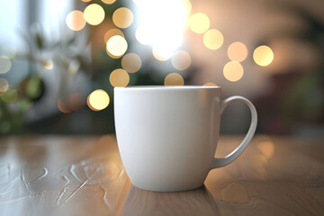 Obraz premium White Coffee Mug Mockup With Blurred Bokeh Background for Design Presentation